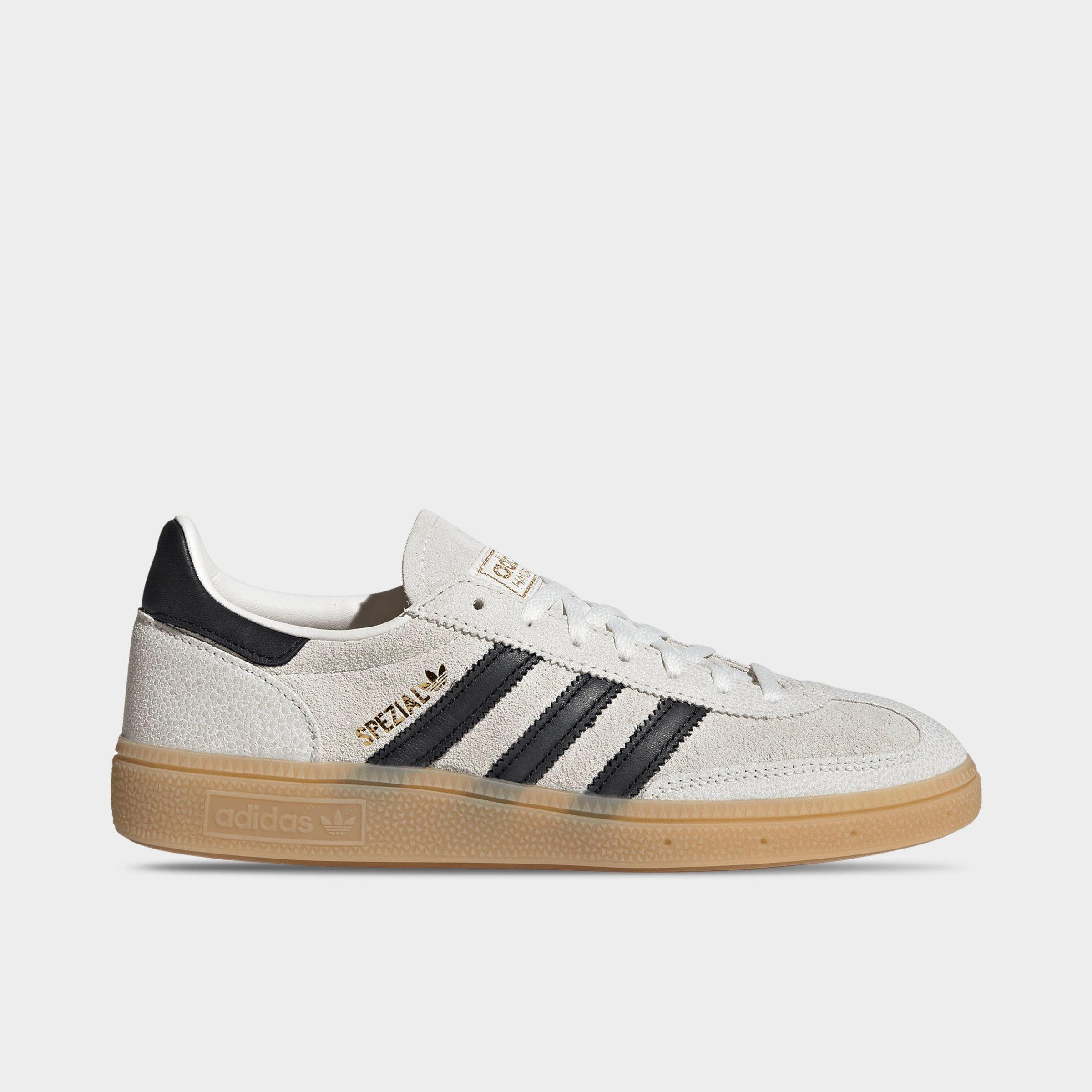 Women's adidas Originals Handball Spezial Casual Shoes - Part 4 - Cloud White/Core Black/Gold Metallic - Left shoe facing left. Outside of the shoe.