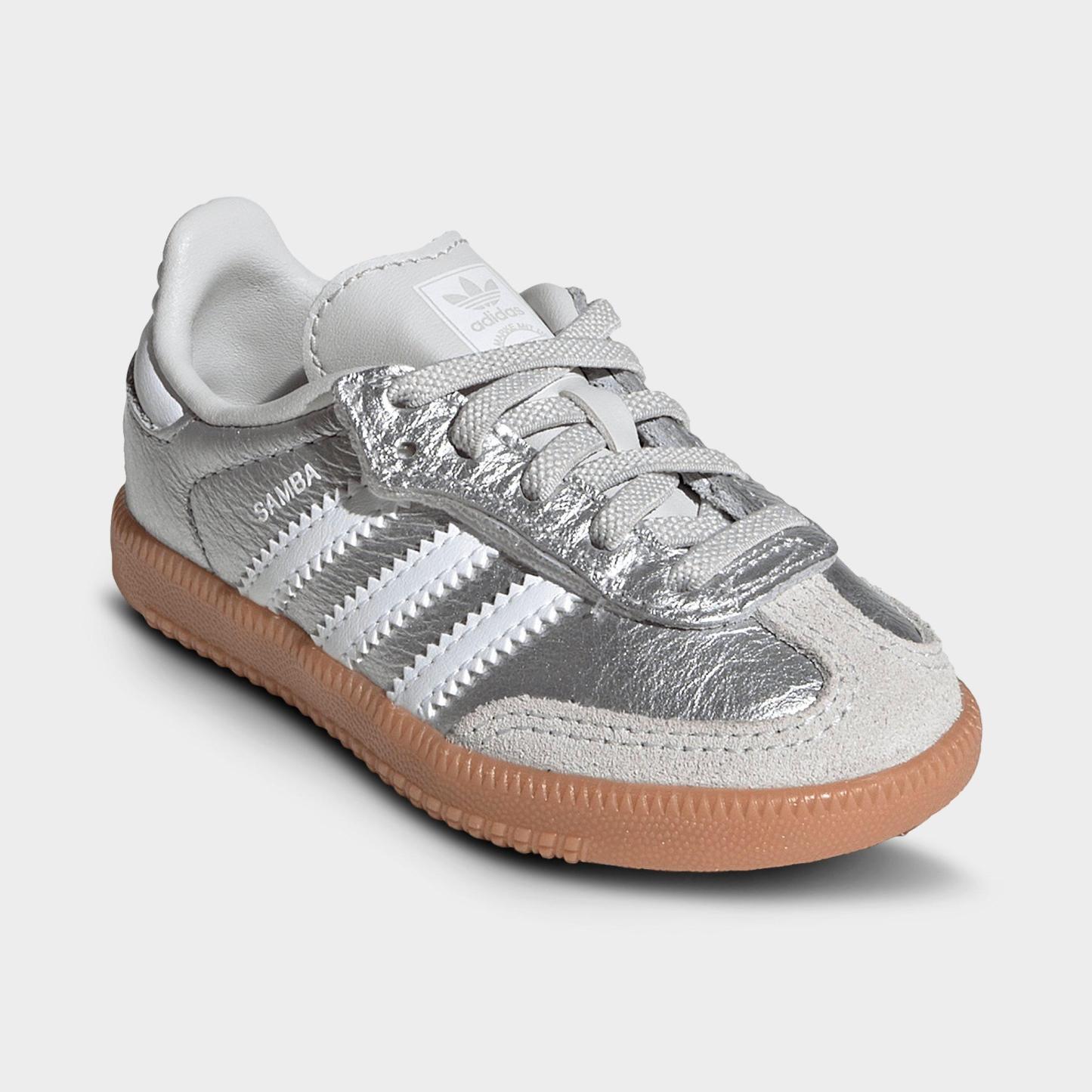 Kids' Toddler adidas Originals Samba OG Comfort Closure Stretch Lace Casual Shoes - Silver Metallic/Cloud White/Gum - Both shoes facing left