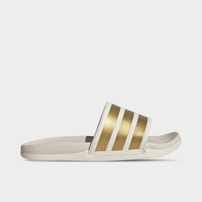 Women's adidas Adilette Comfort 2.0 Slide Sandals - Off White/Gold Metallic/Chalk White - Left shoe facing left. Outside of the shoe.