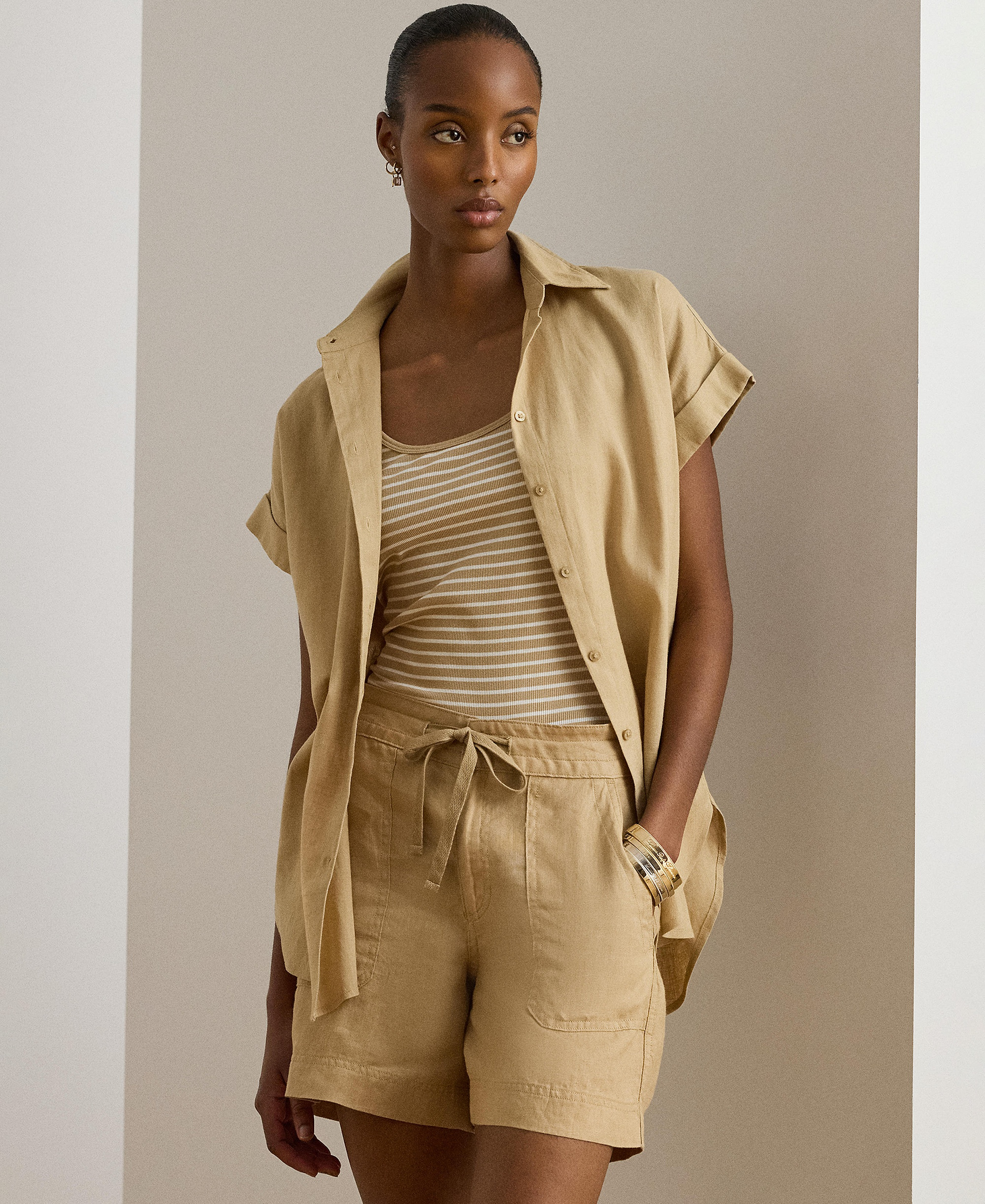 Lauren Ralph Lauren Dolman-Sleeve 100% Linen Shirt - Birch Tan