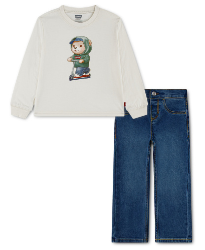 Levi's Toddler Boys' 2T-4T Bear Graphic Top and Denim Pants, 2-Piece Set - Levi's Egret