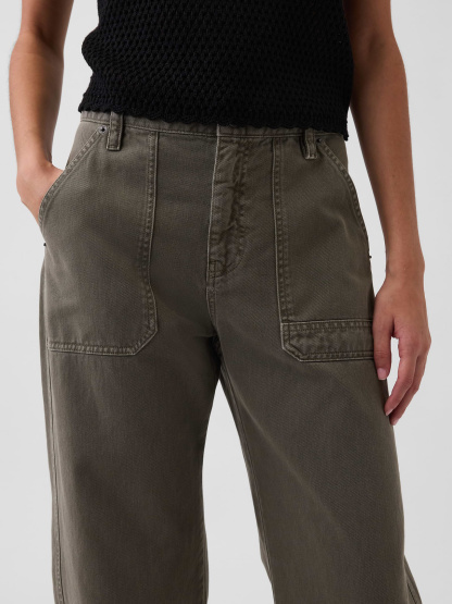 Mid Rise Barrel Utility Ankle Pants - Black moss green