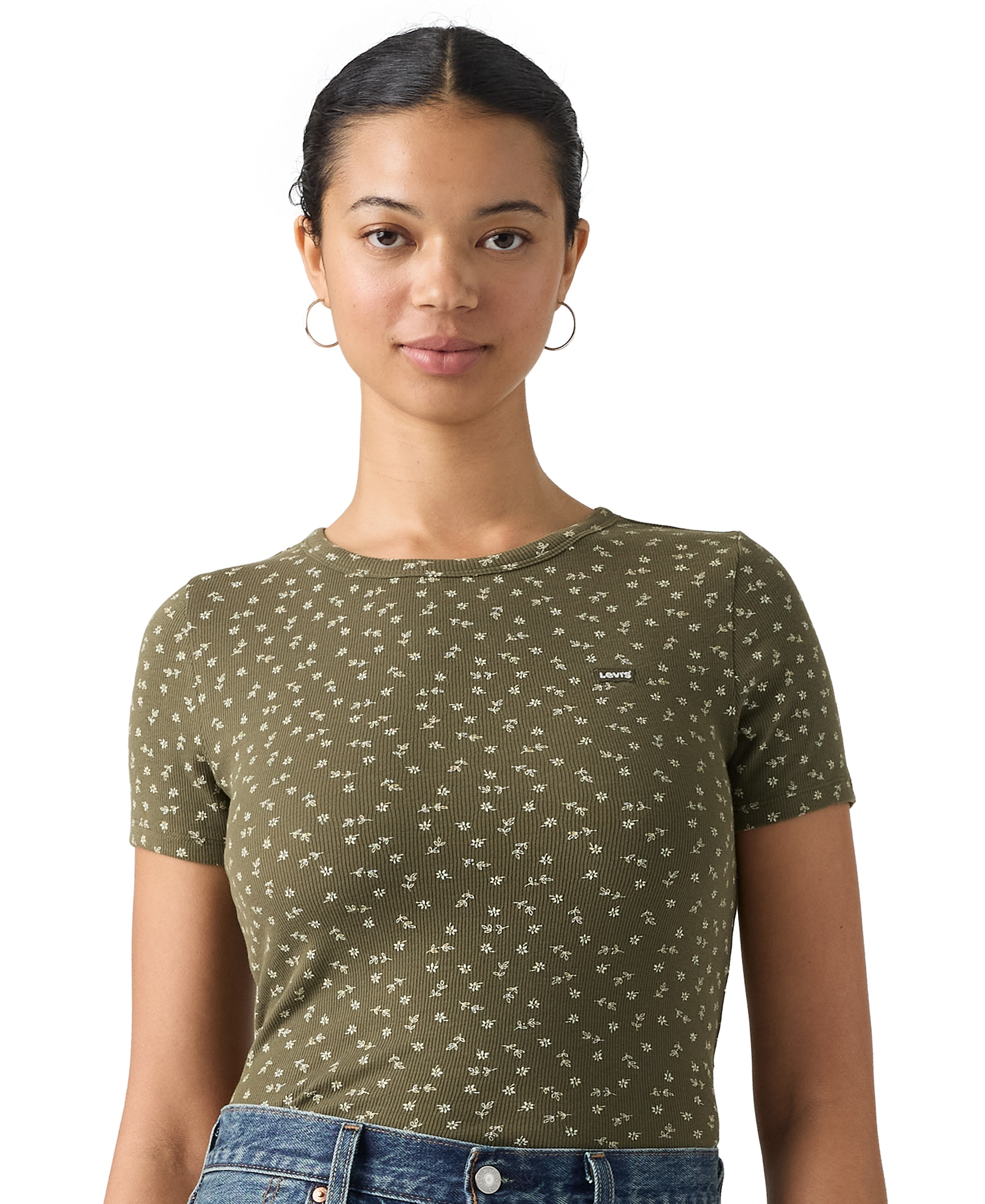 Levi's Women's Hayes Slim-Fit Short-Sleeve Crewneck T-Shirt - Jaana Floral V2 Olive Night