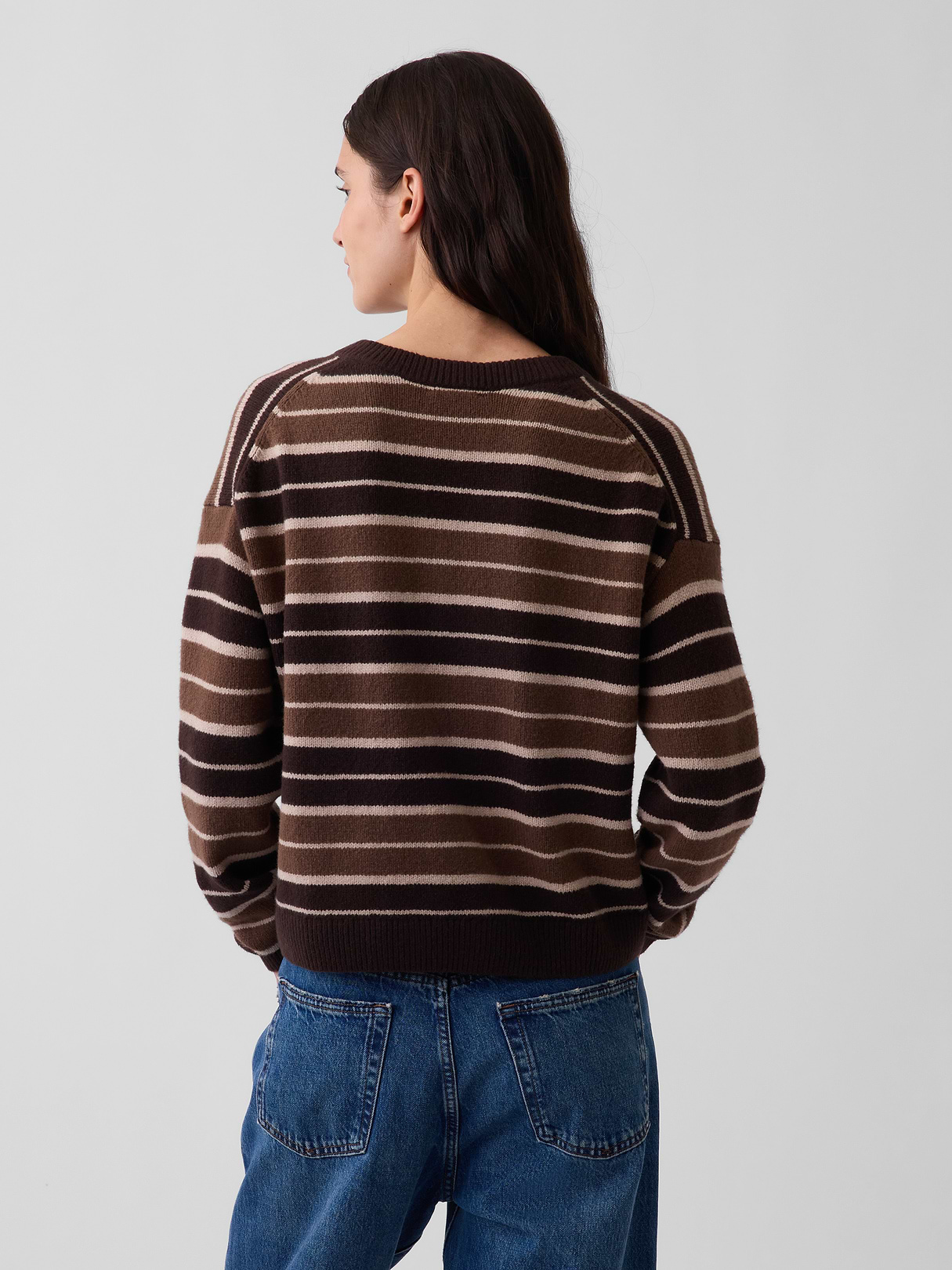 CashSoft Oversized V-Neck Sweater - Brown stripe