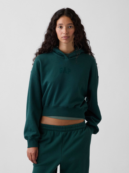 VintageSoft Crop Logo Hoodie - Dark green