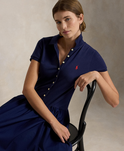 Polo Ralph Lauren Women's Hybrid Mesh Polo Collar A-Line Dress - Newport Navy
