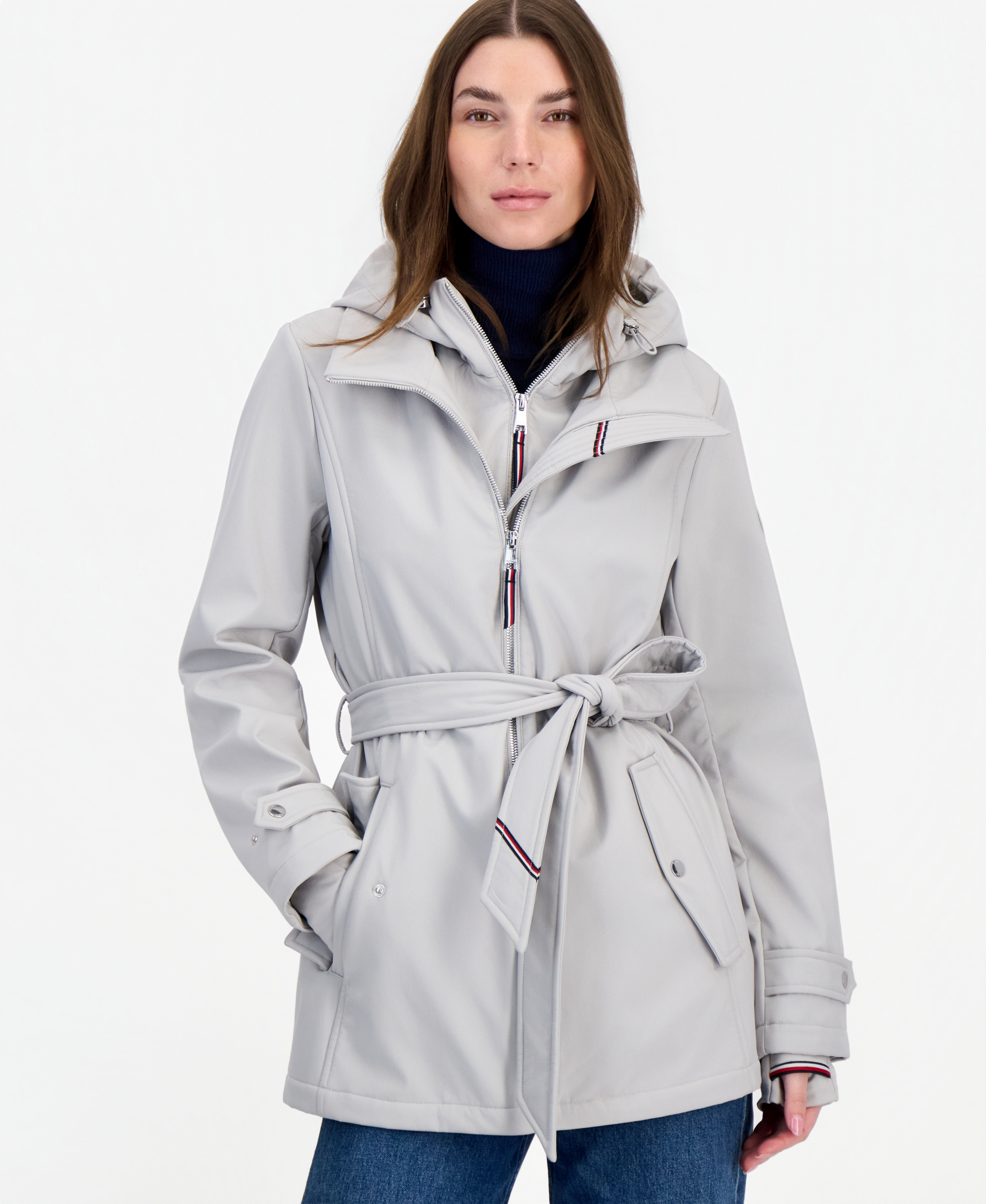 Tommy Hilfiger Women's Hooded Belted Softshell Coat, Created for Macy's - STONE
