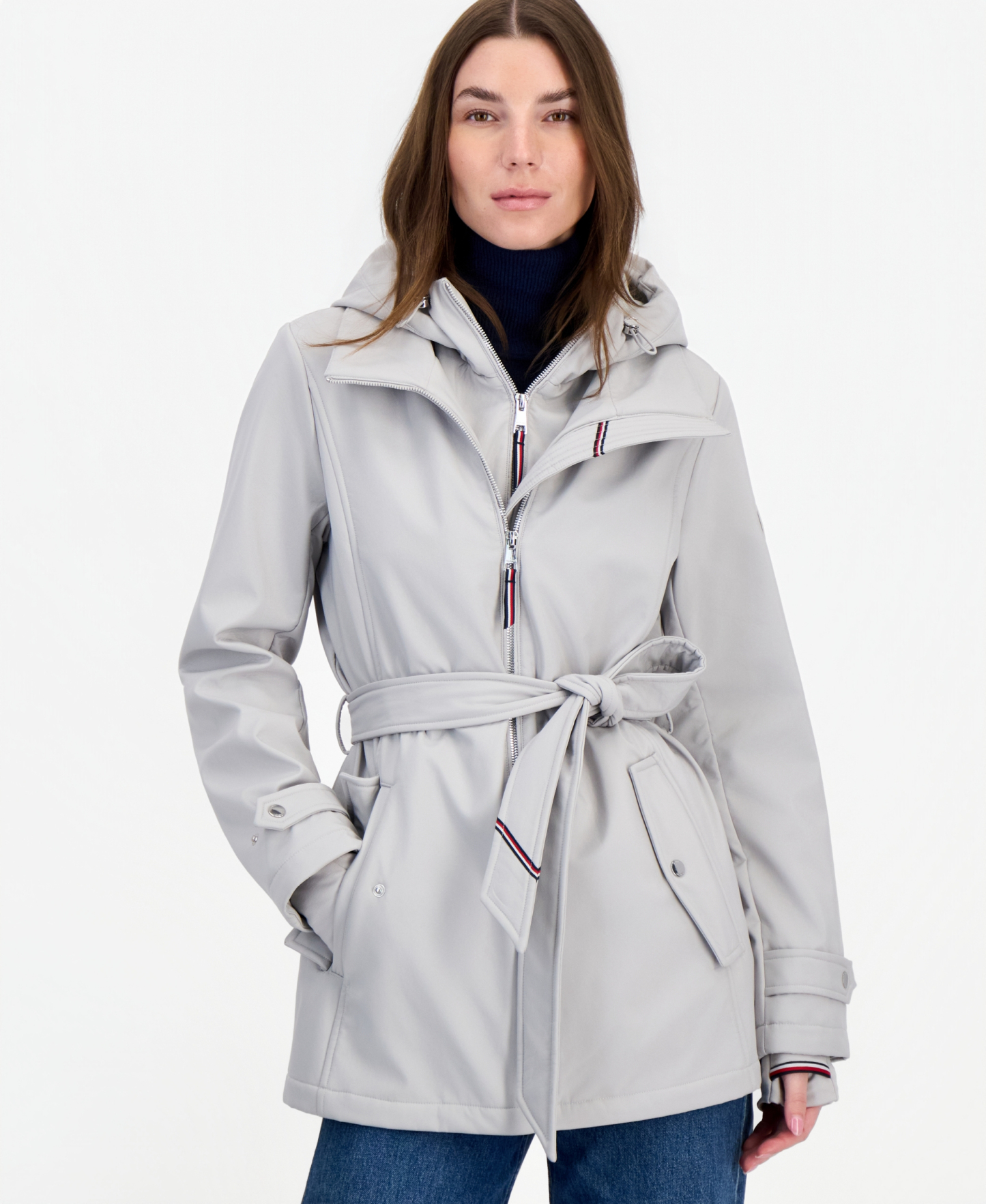 Tommy Hilfiger Women's Hooded Belted Softshell Coat, Created for Macy's - STONE