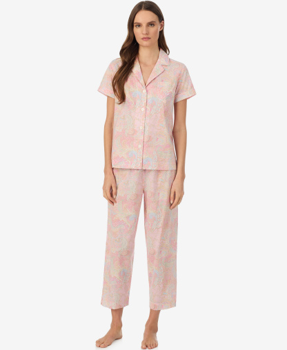 Lauren Ralph Lauren Women's Notch Collar Top and Cropped Pajama Pants, 2-Piece Set - Pink Paisley