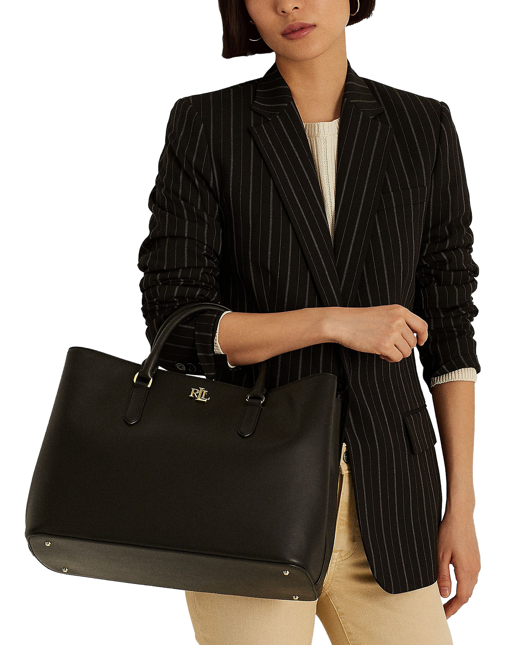 Lauren Ralph Lauren Full-Grain Leather Large Marcy Satchel Bag - Black