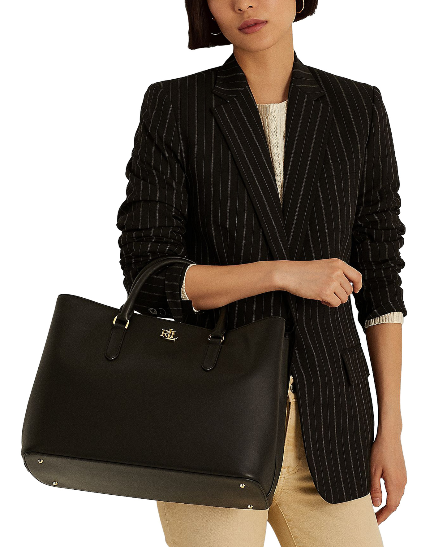 Lauren Ralph Lauren Full-Grain Leather Large Marcy Satchel Bag - Black