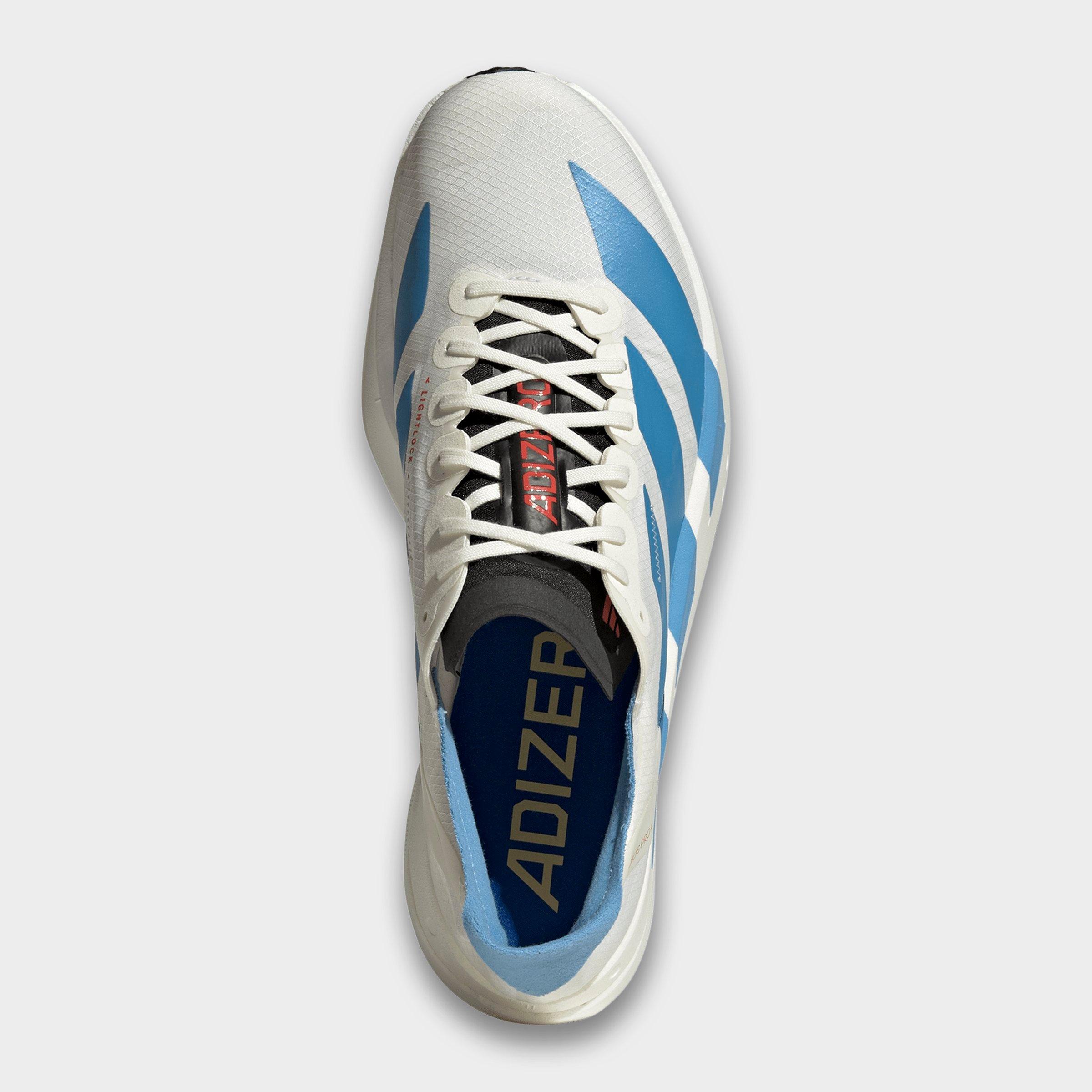 Men's adidas Adizero Adios Pro 4 Running Shoes - Off White/Light Blue/Bright Red - Top view