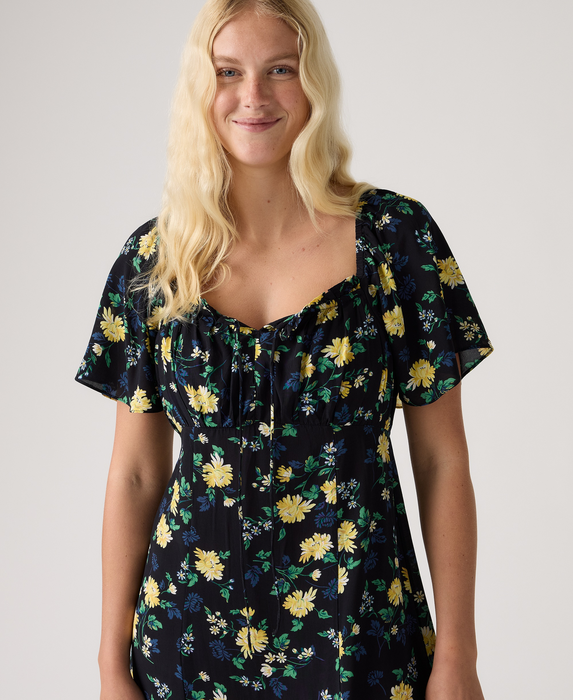 Levi's Premium Women's Amara Column Flutter-Sleeve Midi Dress - Sheila Floral V4 Cornsilk
