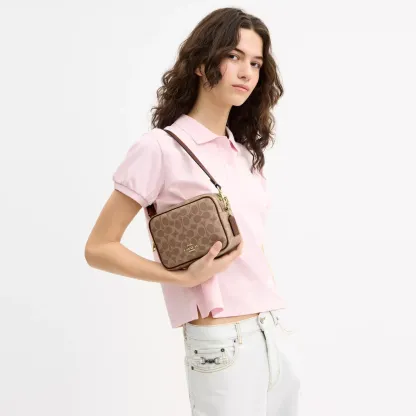 Mini Carey Crossbody Bag In Signature Canvas - Gold/Tan/Brown - view 2