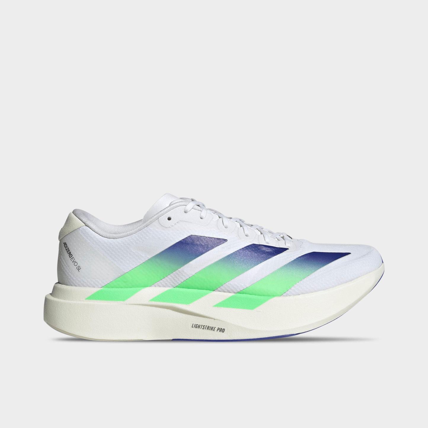 Men's adidas Adizero EVO SL Woven Running Shoes - Part 1 - Cloud White/Beam Green/Core White - Left shoe facing left. Outside of the shoe.