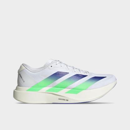 Men's adidas Adizero EVO SL Woven Running Shoes - Part 1 - Cloud White/Beam Green/Core White - Left shoe facing left. Outside of the shoe.