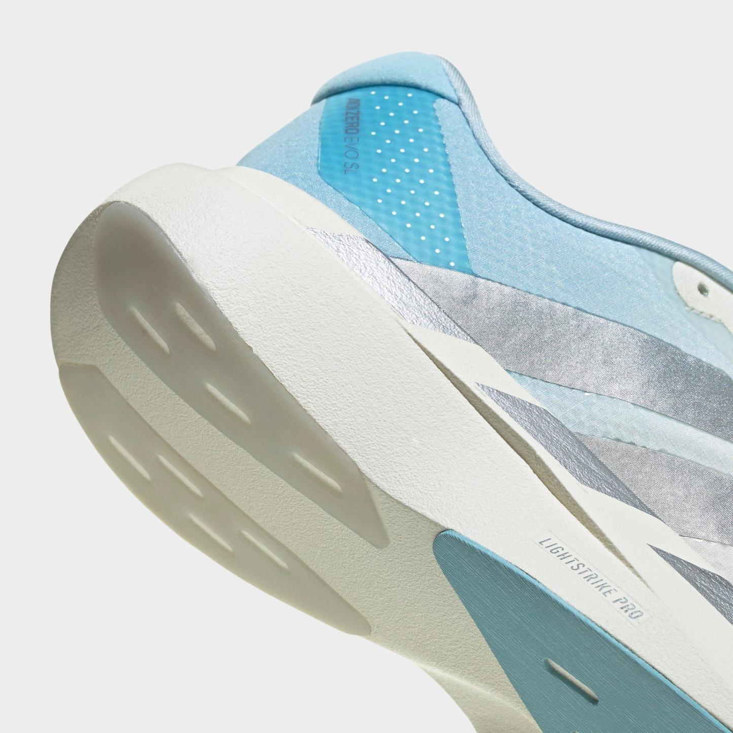 Women's adidas Adizero EVO SL Woven Running Shoes - Part 1 - Off White/Silver Metallic/Icey Blue - Detail shot