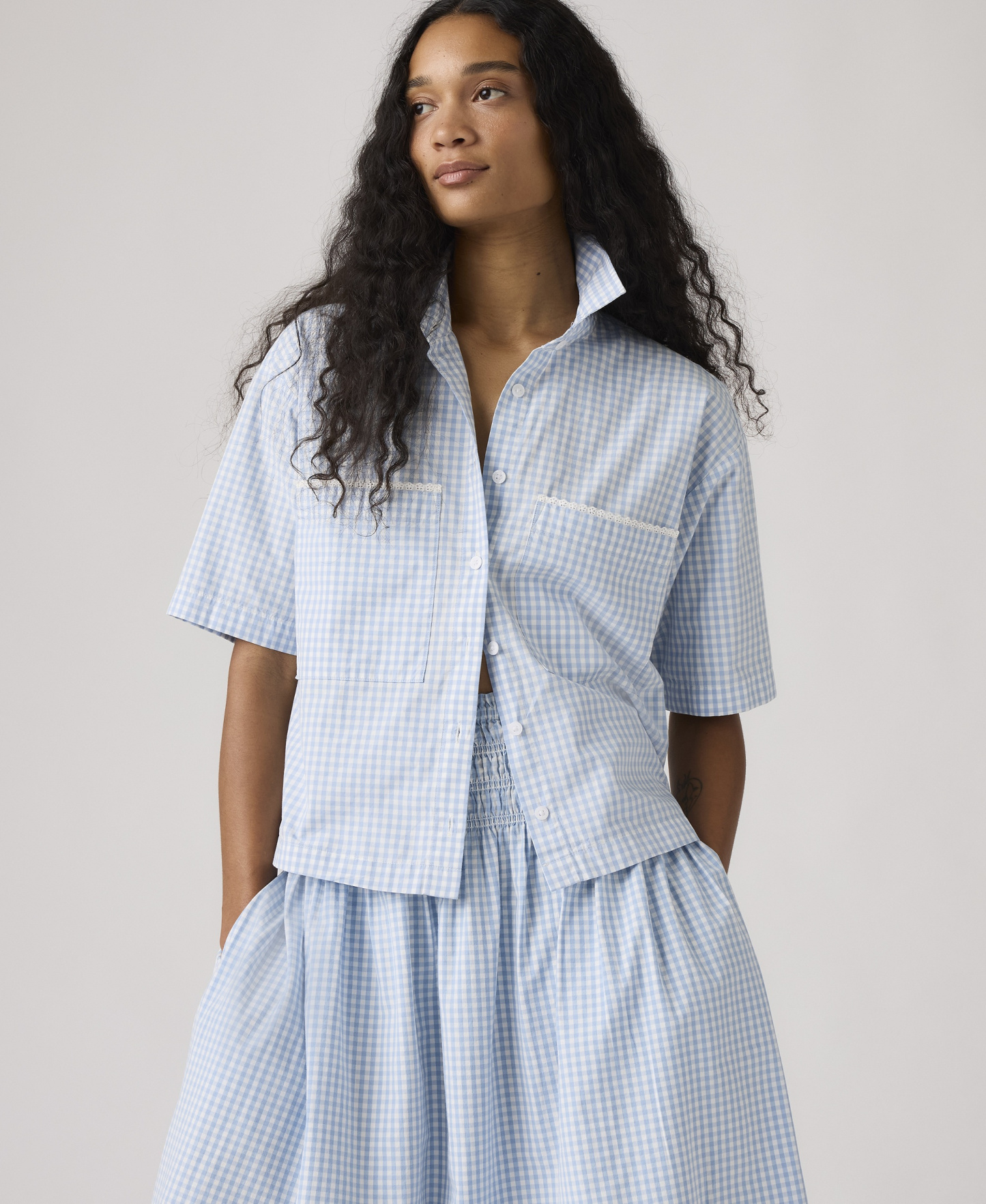 Levi's Premium Women's Novelty Harlie Short-Sleeve Cotton Cropped Shirt - Shelly Check Glacier Lake Cloud Dancer