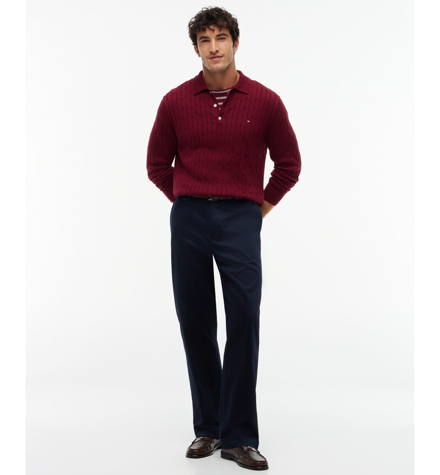 Tommy Hilfiger Men's Classic Cotton Cable-Knit Regular-Fit Sweater Polo - Burgundy
