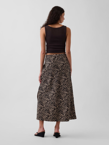 Linen-Blend Maxi Slip Skirt - Black zebra print