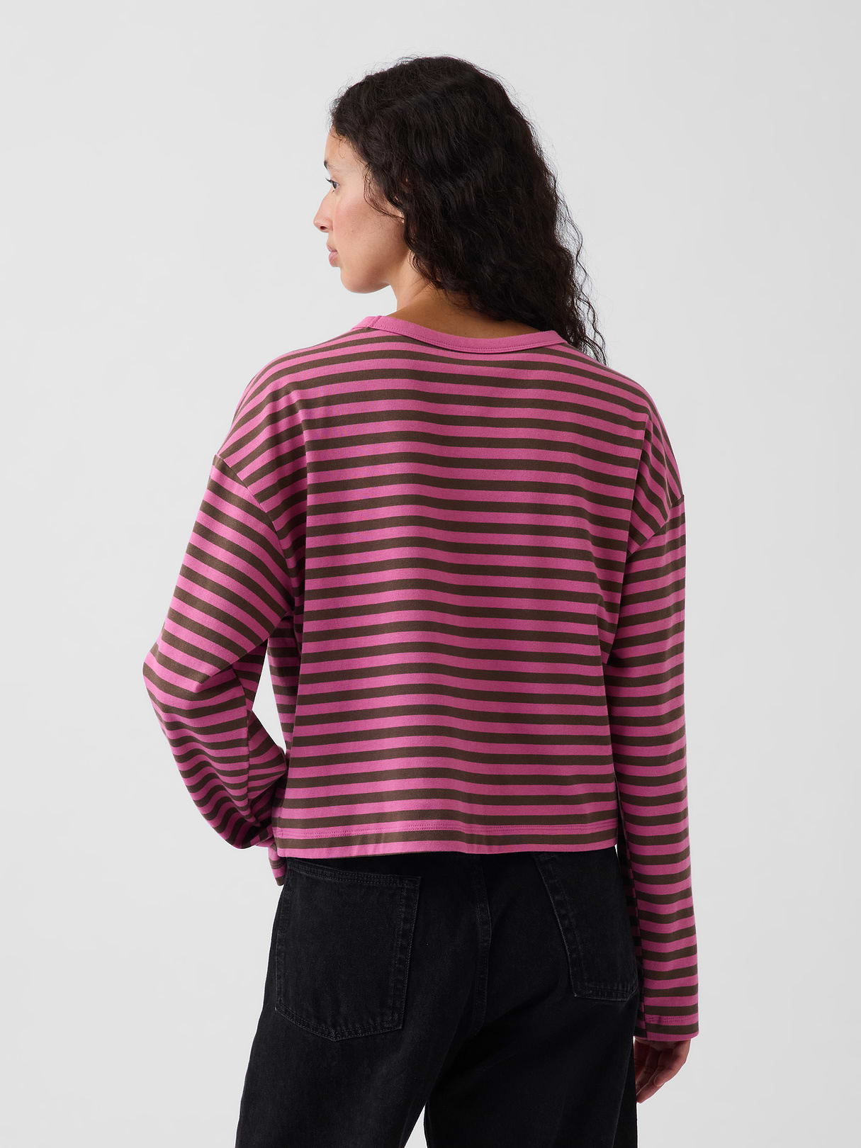 Knit Oversized Crop T-Shirt - Pink stripe