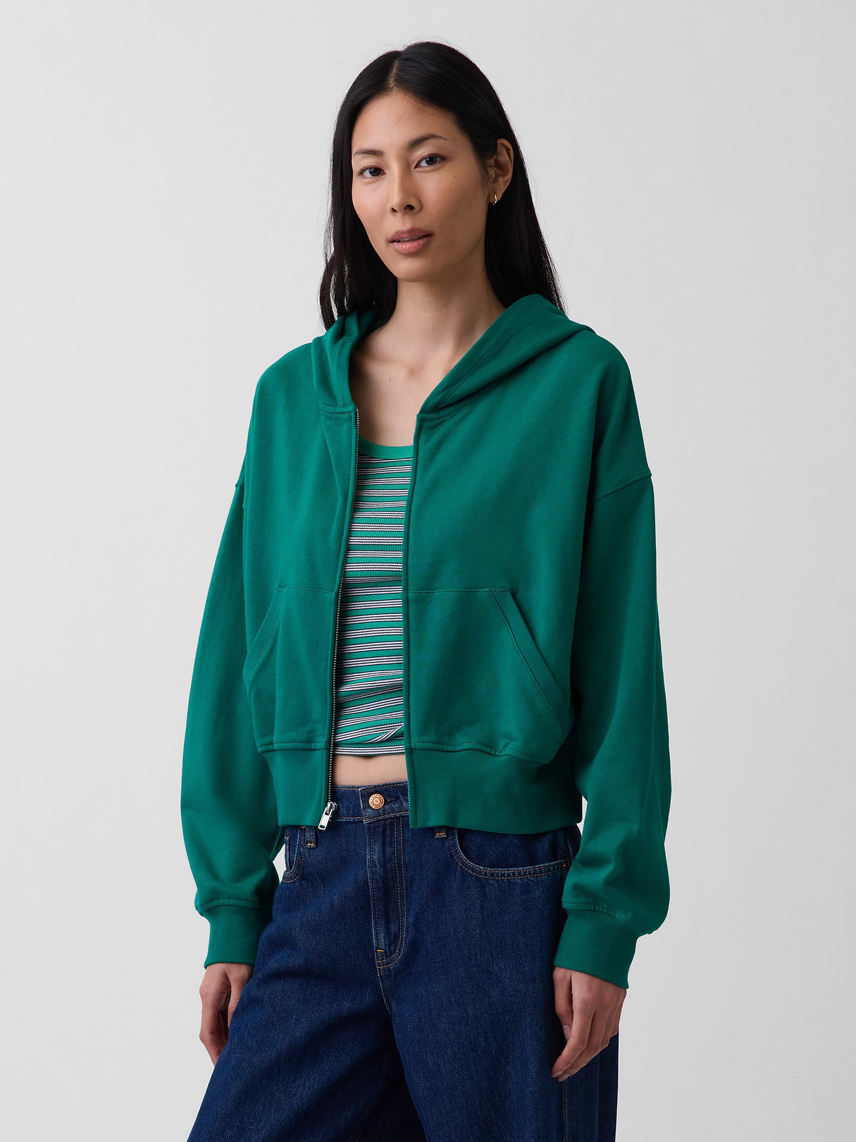 VintageSoft Terry Oversized Wedge Zip Hoodie - Baize green