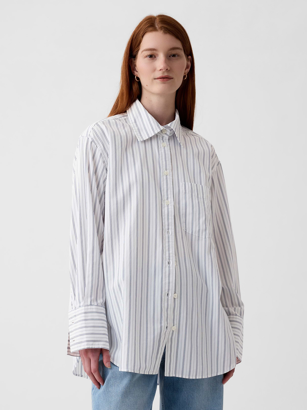 Organic Cotton Poplin Stripe Big Shirt - white & blue stripe