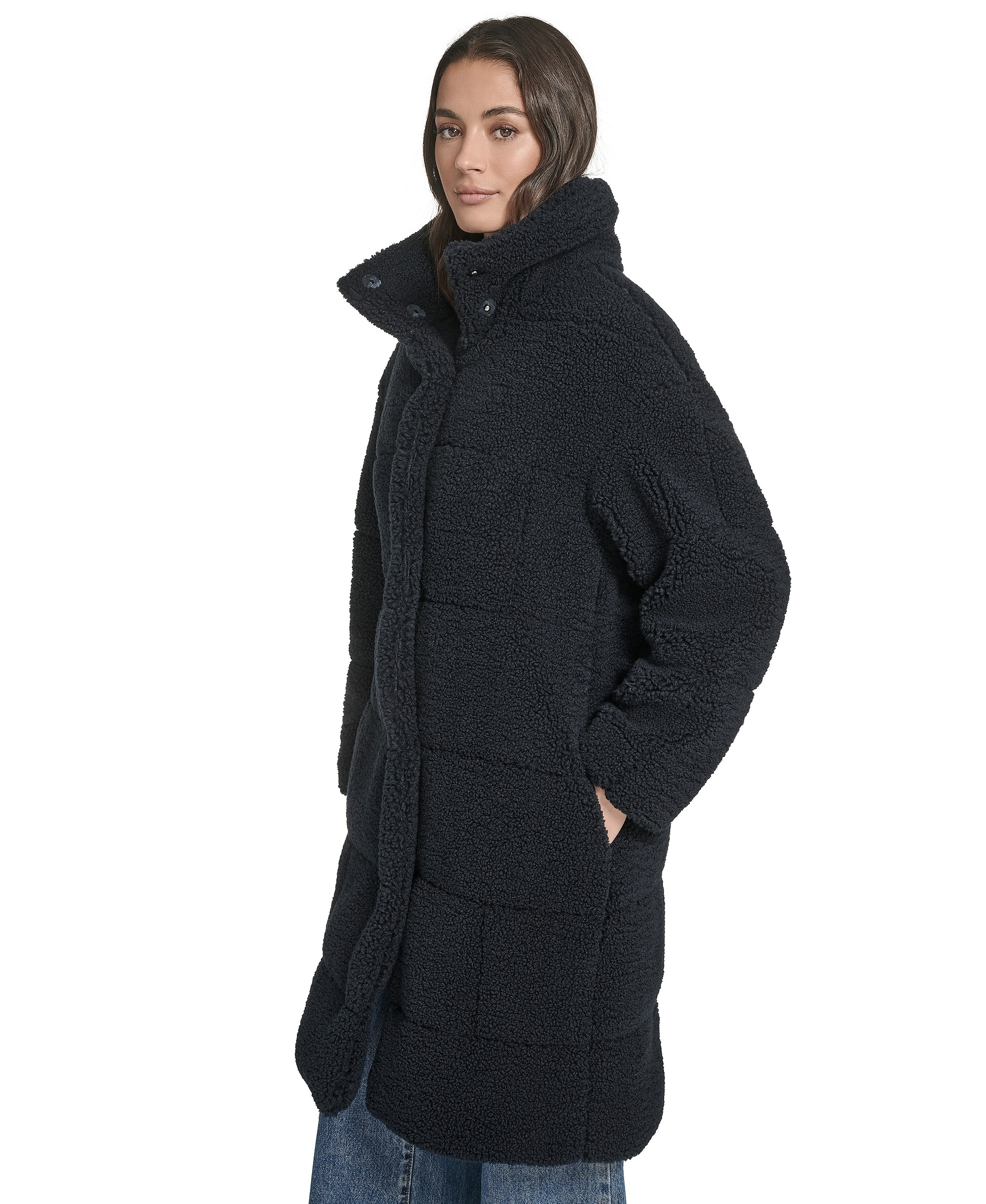 Levi's Women's Long Sherpa Snap-Closure Teddy Coat - Navy
