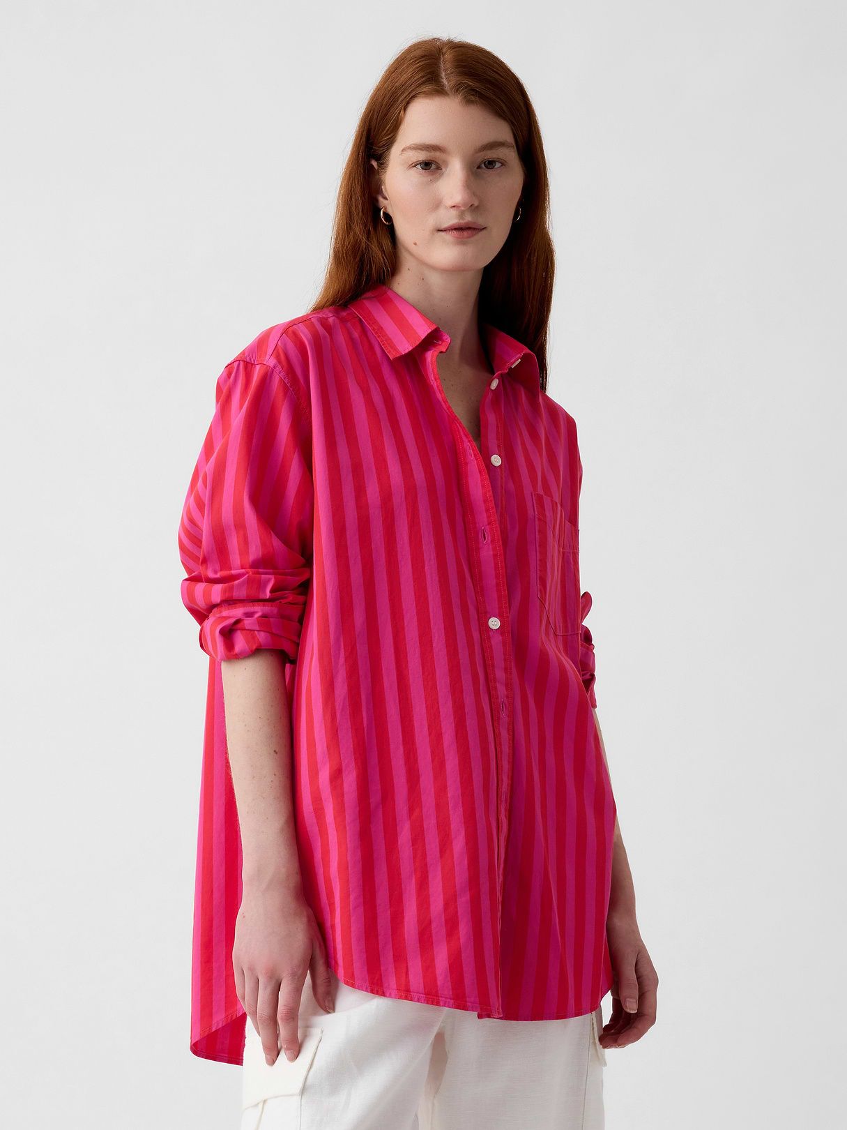 Organic Cotton Poplin Stripe Big Shirt - pink & red stripe