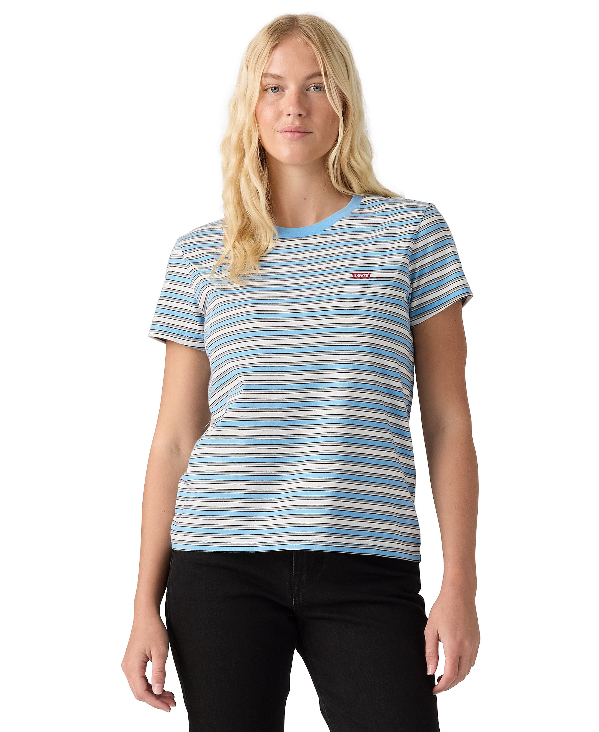 Levi's Women's The Perfect Crew Neck Cotton T-Shirt - Pisces Stripe Alaskan Blue