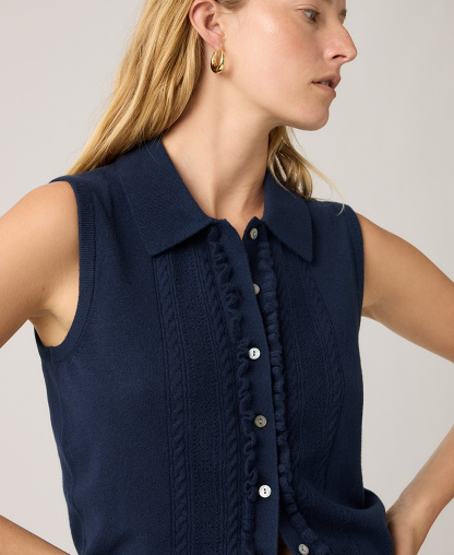 Levi's Premium Women's Super Soft Mini Ruffle-Sleeveless Collared Vest - Navy Blazer