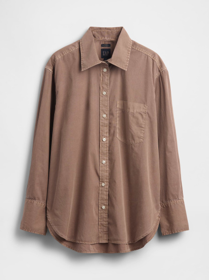 Organic Cotton Poplin Stripe Big Shirt - Amber wood brown