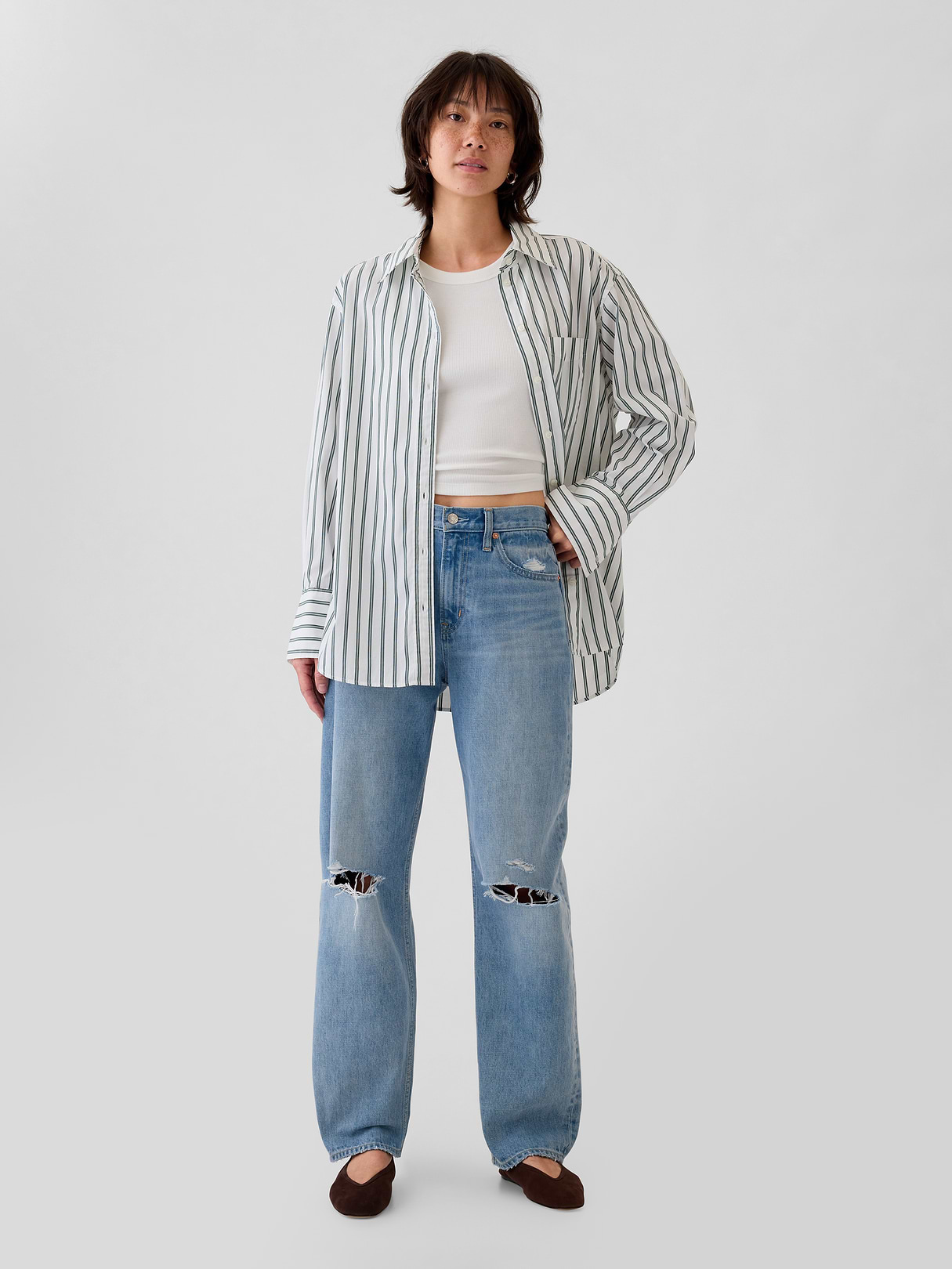 Organic Cotton Poplin Stripe Big Shirt - green stripe