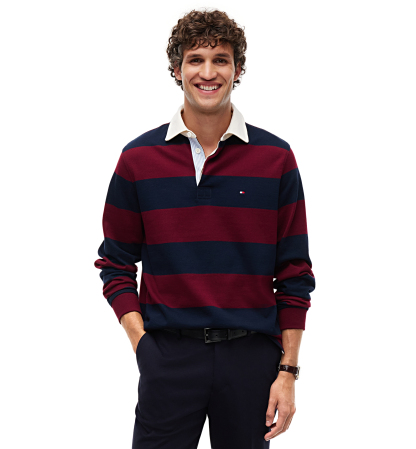 Tommy Hilfiger Men's Essential Stripe Rugby Long-Sleeve Polo Shirt - Burgundy/ Carbon Navy