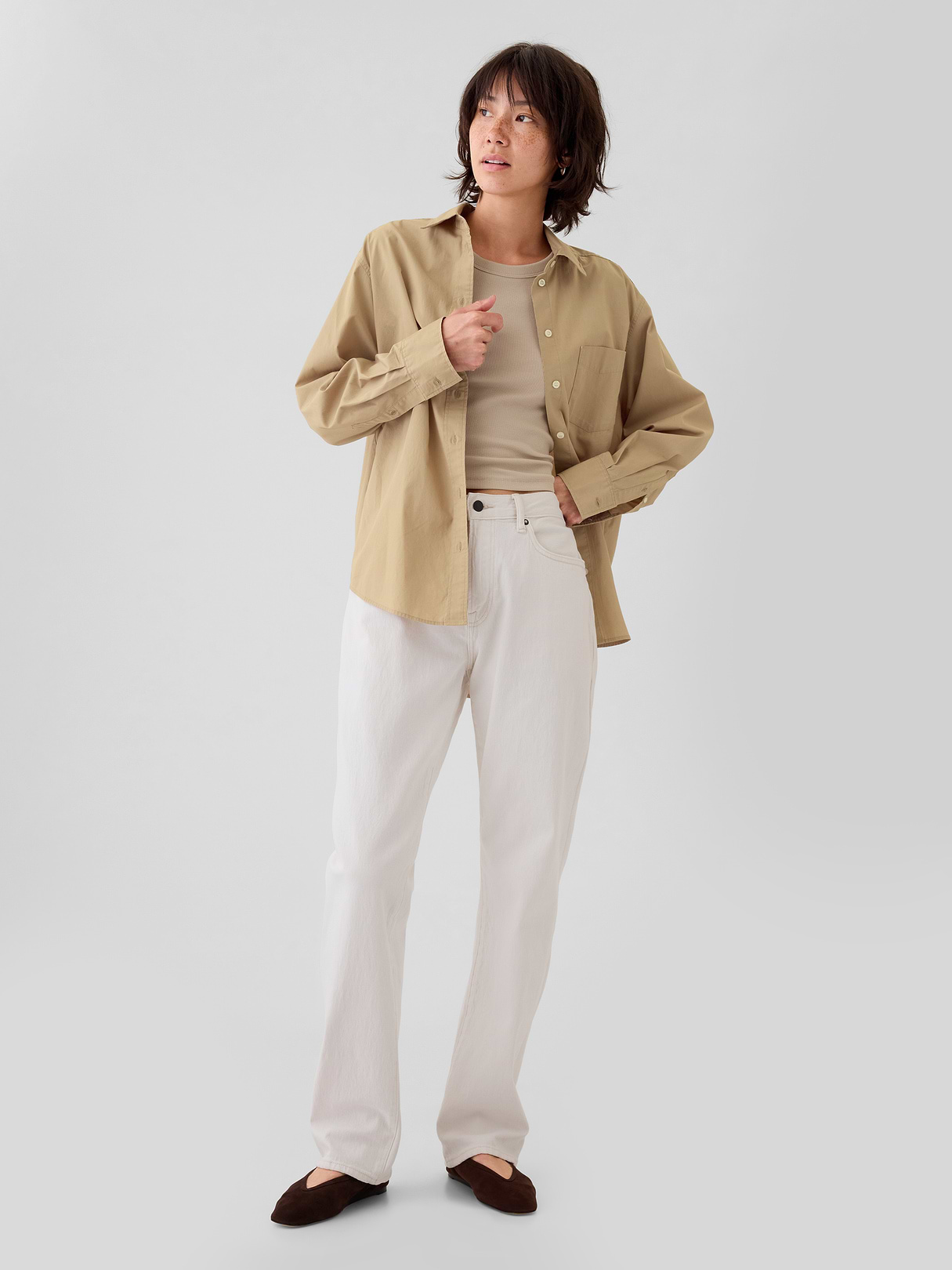 Organic Cotton Poplin Stripe Big Shirt - khaki tan