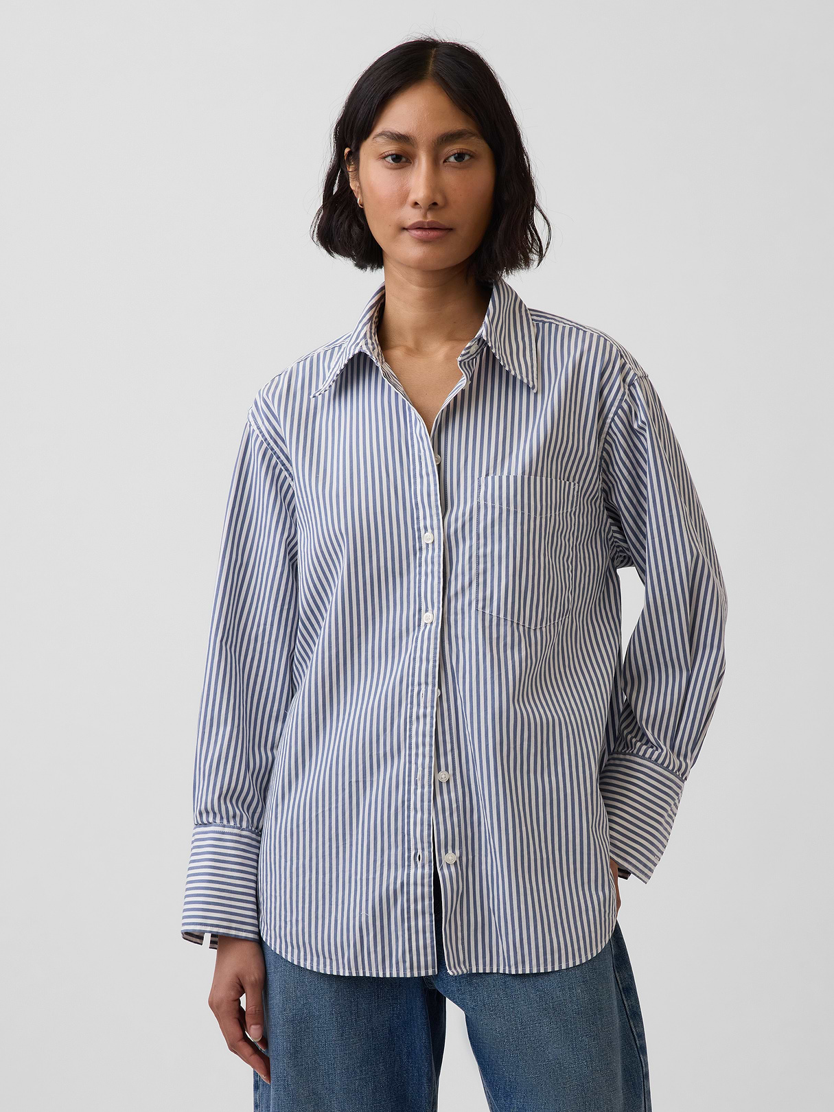 Organic Cotton Poplin Big Shirt - White and blue stripe