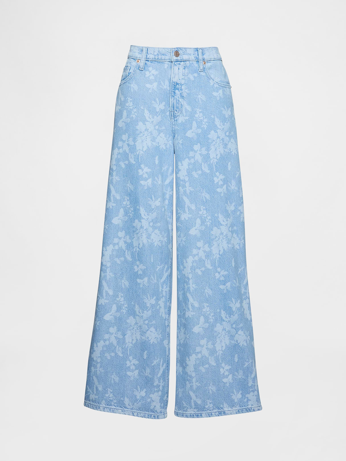 Mid Rise Denim Stripe Baggy Jeans - Light indigo floral
