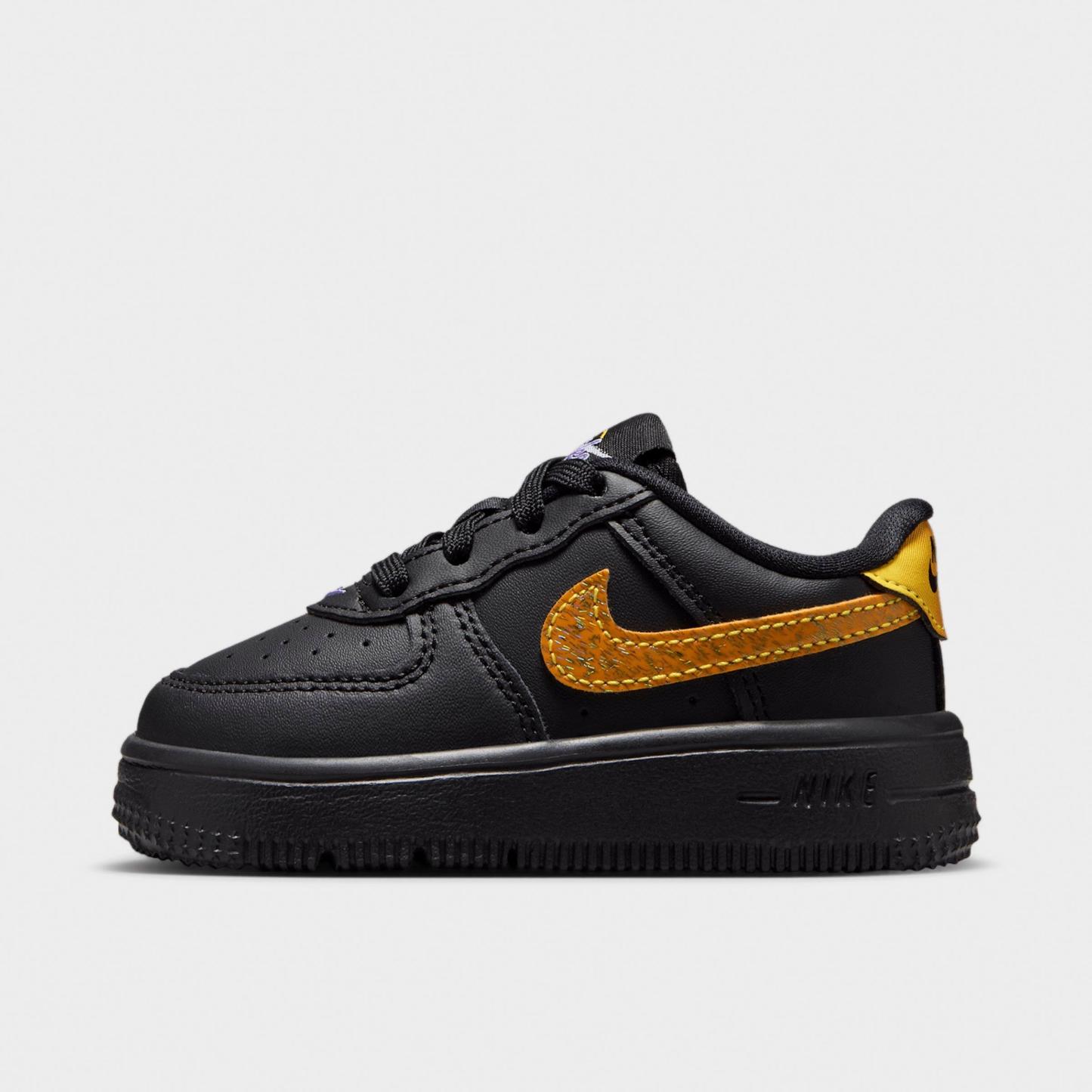 Infant and Kids' Toddler Nithtke Force 1 Low Casual Shoes - Part 1 - Black/Laser Orange/Picante Red/Action Grape - Left shoe facing left. Outside of the shoe.