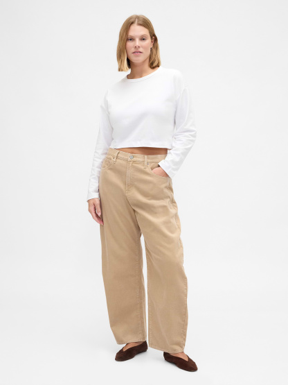 High Rise Khaki Stripe Barrel Jeans - Iconic khaki tan