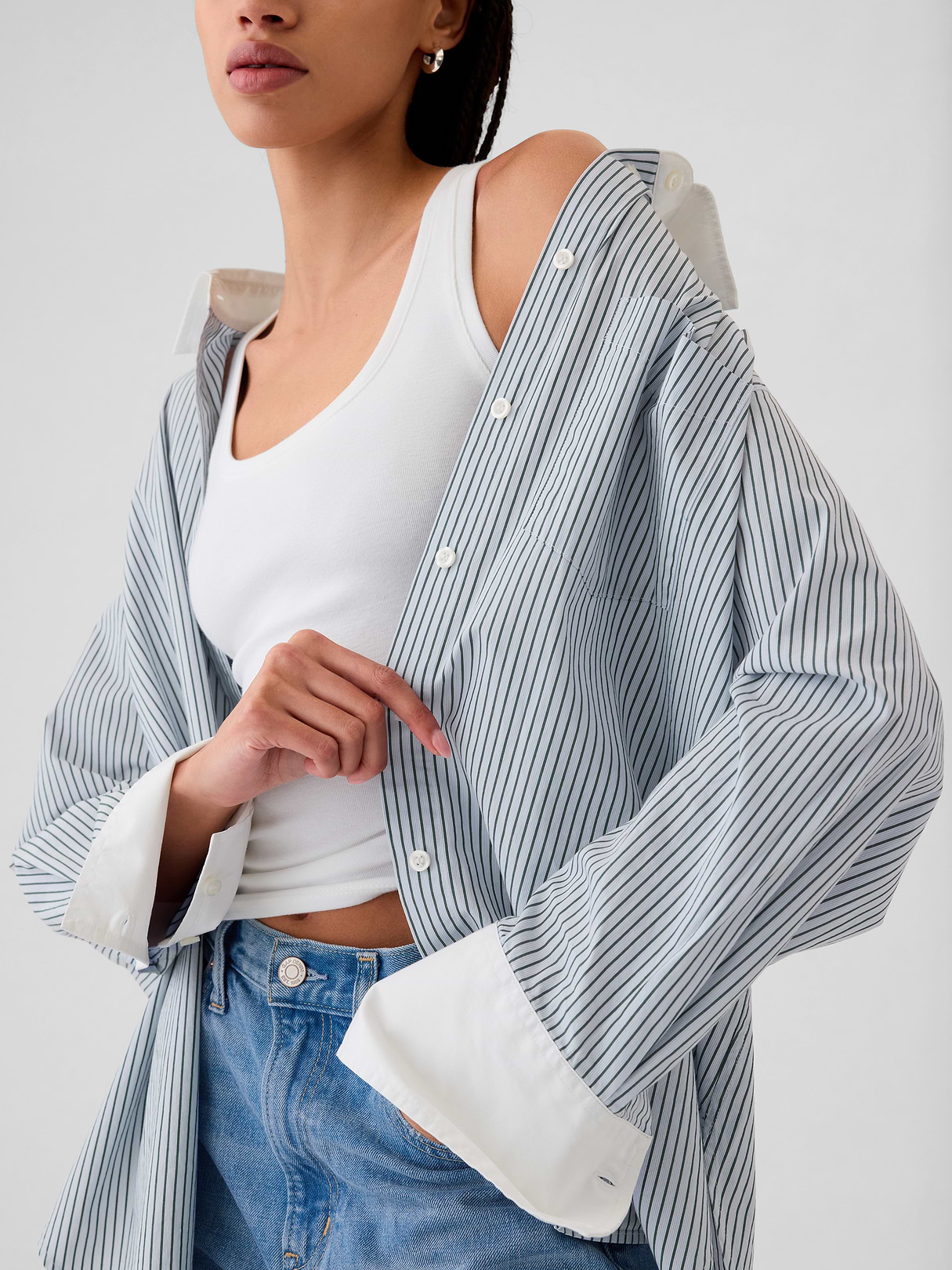 Organic Cotton Poplin Stripe Big Shirt - Blue and white stripe