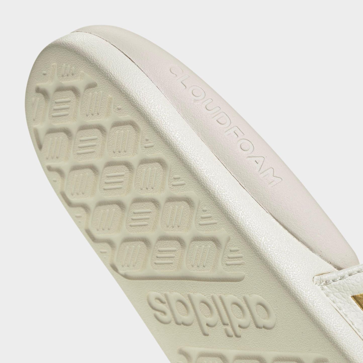 Women's adidas Adilette Comfort 2.0 Slide Sandals - Off White/Gold Metallic/Chalk White - Detail shot