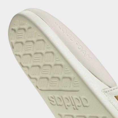 Women's adidas Adilette Comfort 2.0 Slide Sandals - Off White/Gold Metallic/Chalk White - Detail shot