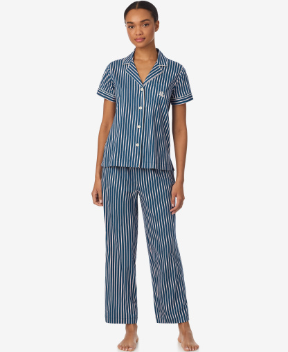 Lauren Ralph Lauren Women's Short-Sleeve Top and Ankle-Length Pajama Pants, 2-Piece Set - Navy and White Stripe