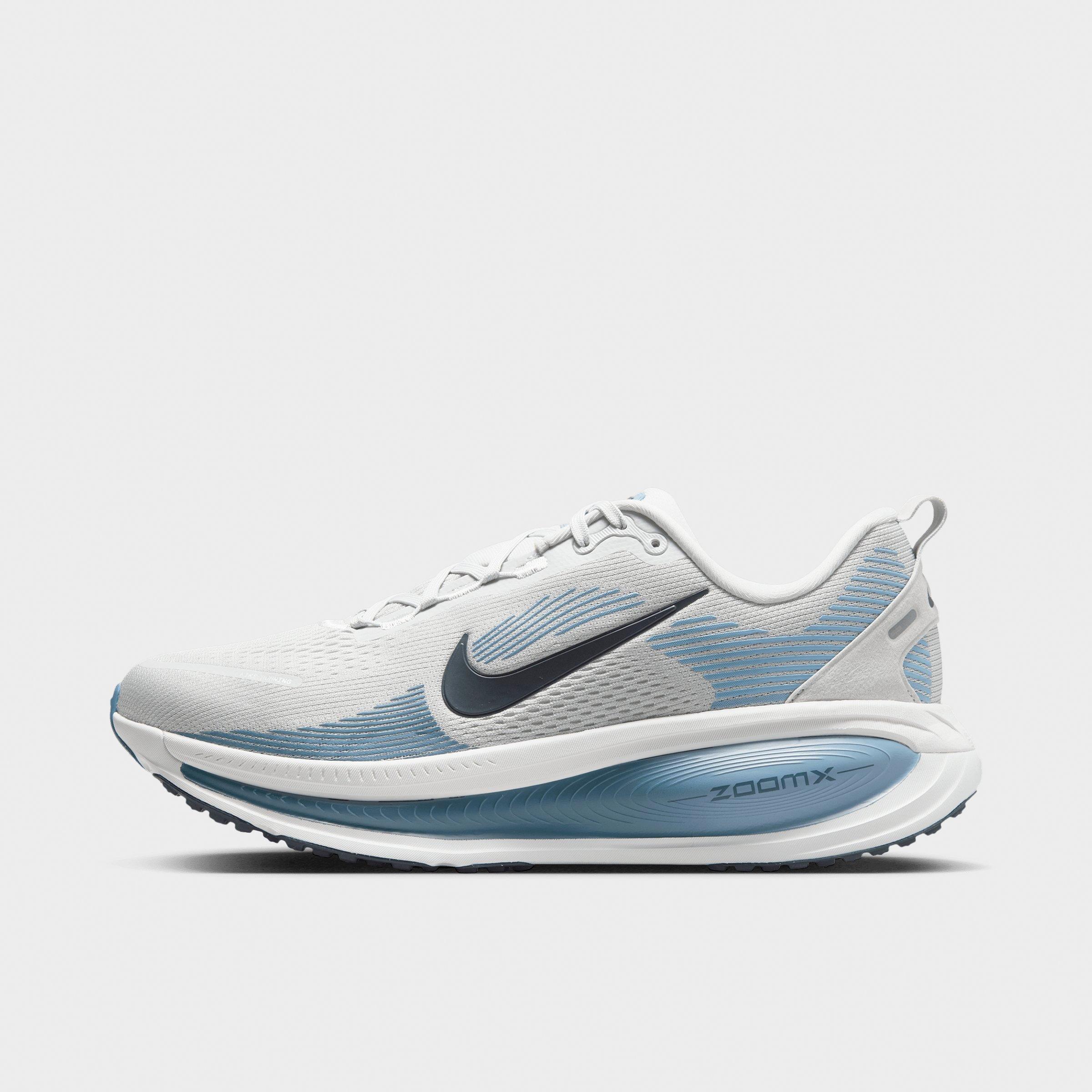 Men's Nithtke Vomero 18 Running Shoes - Part 1 - Grey Fog/Off White/Work Blue/Dark Obsidian - Left shoe facing left. Outside of the shoe.