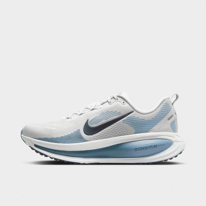 Men's Nithtke Vomero 18 Running Shoes - Part 1 - Grey Fog/Off White/Work Blue/Dark Obsidian - Left shoe facing left. Outside of the shoe.