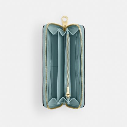 Long Zip Around Wallet In Signature Canvas - Gold/Light Blue - view 3