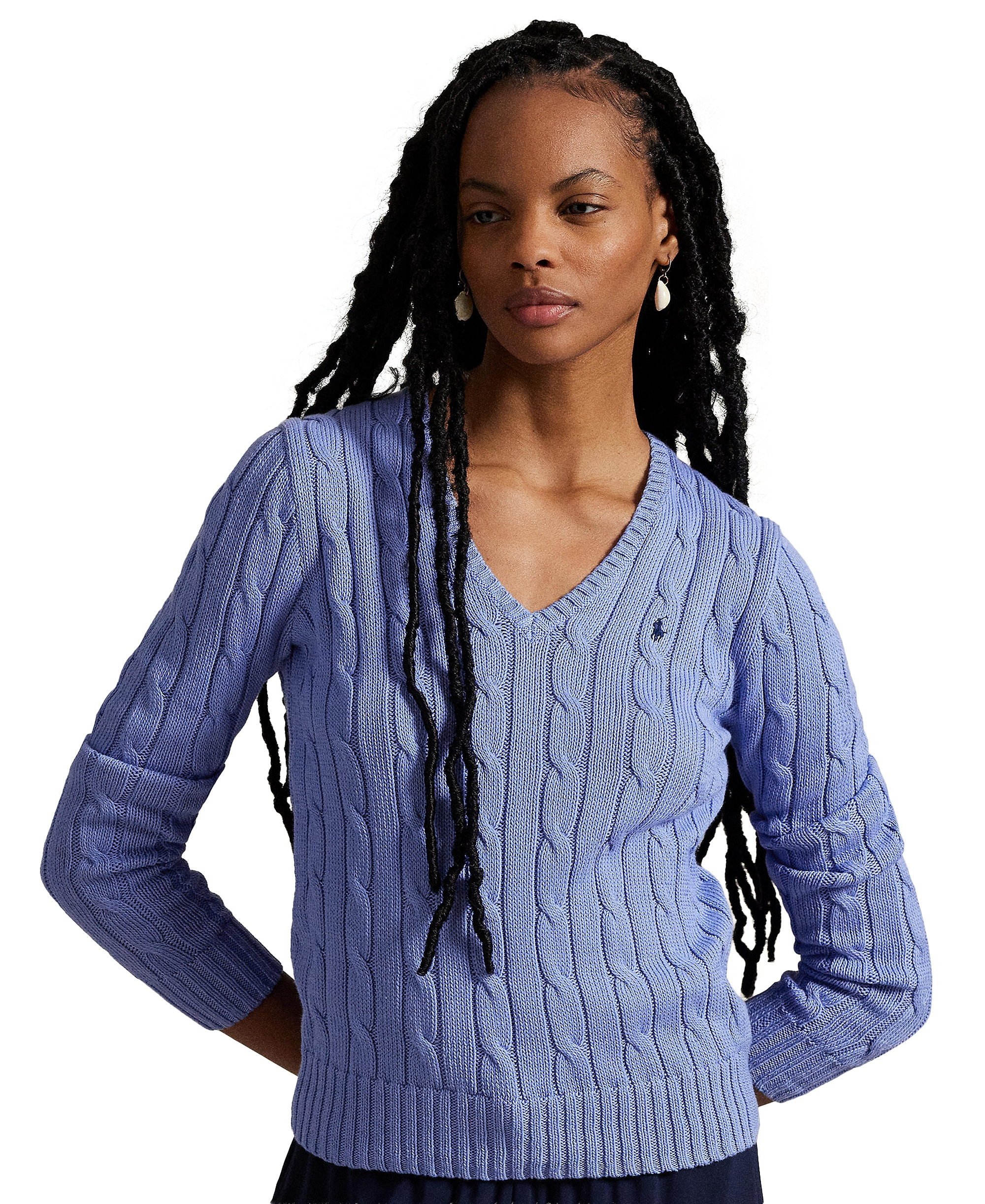 Polo Ralph Lauren Women's Cable-Knit Cotton V-Neck Sweater - New Litchfield Blue