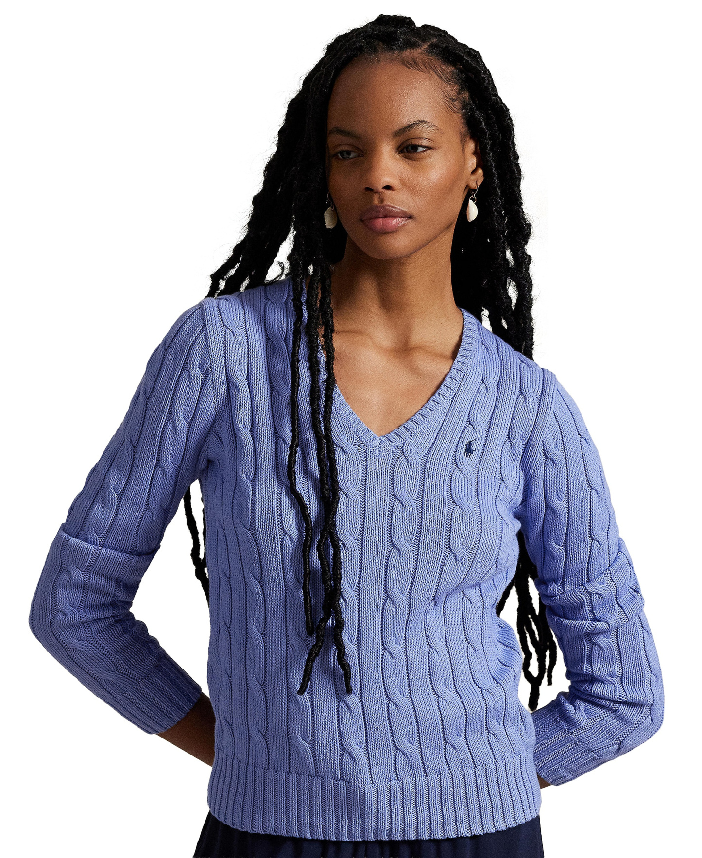 Polo Ralph Lauren Women's Cable-Knit Cotton V-Neck Sweater - New Litchfield Blue
