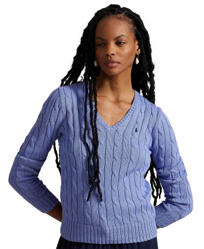 Polo Ralph Lauren Women's Cable-Knit Cotton V-Neck Sweater - New Litchfield Blue