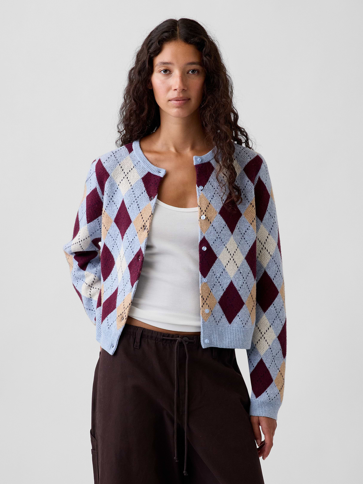 CashSoft Crop Cardigan - Blue & purple burgundy argyle